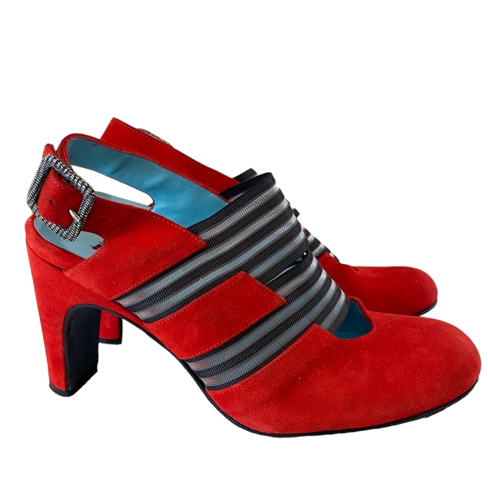 Thierry Rabotin “Parma” Red Suede Strappy Closed Toe Slingback Heels Women’s